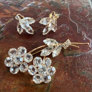 Vintage Clear Rhinestone Brooch and Clip Earring Set